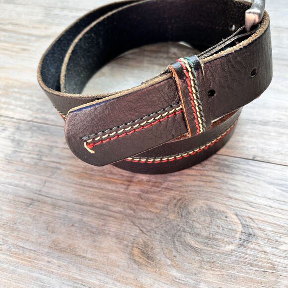 Levi’s Vintage Black Leather Belt Triple Stitch Red Yellow Teal Silver Size 34 main image 5
